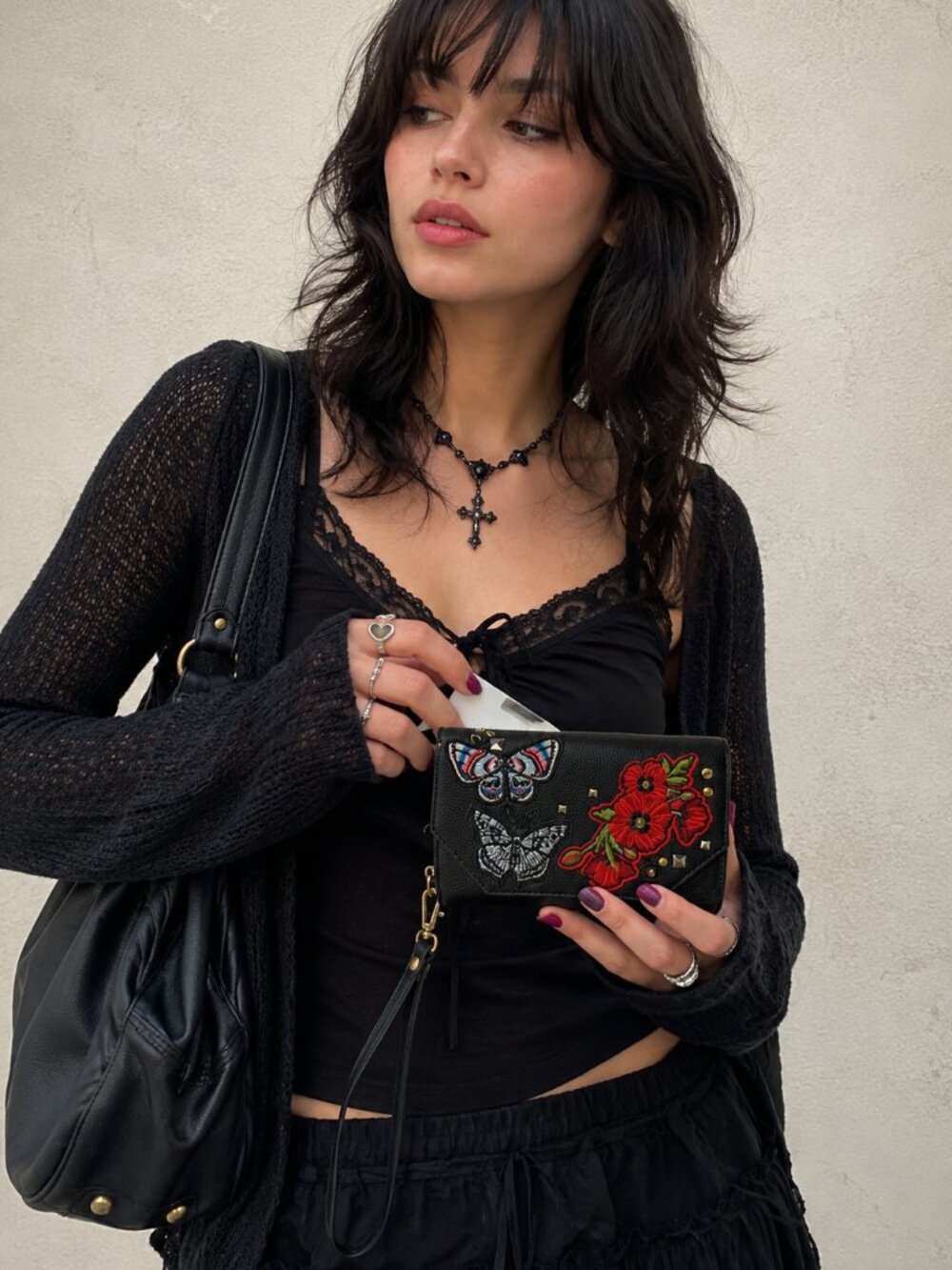 Black Embroidered Butterfly Floral Studded Wallet Wristlet Whimsigoth Y2K Clutch - Picture 2 of 10